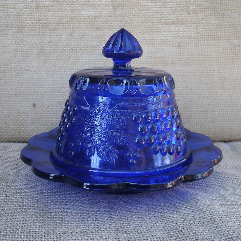 Vintage Mosser Cobalt Grapes Covered Butter Dish